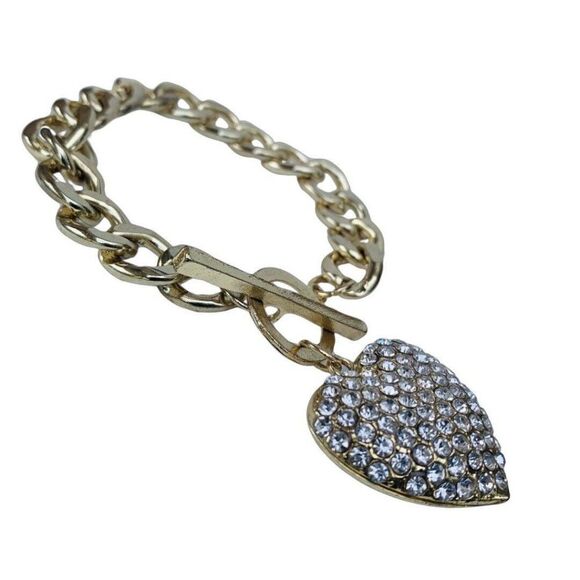 Gold Icy Crystal Heart Bracelet 8" Curb Chain Toggle Valentines Day Lovecore - Picture 3 of 11